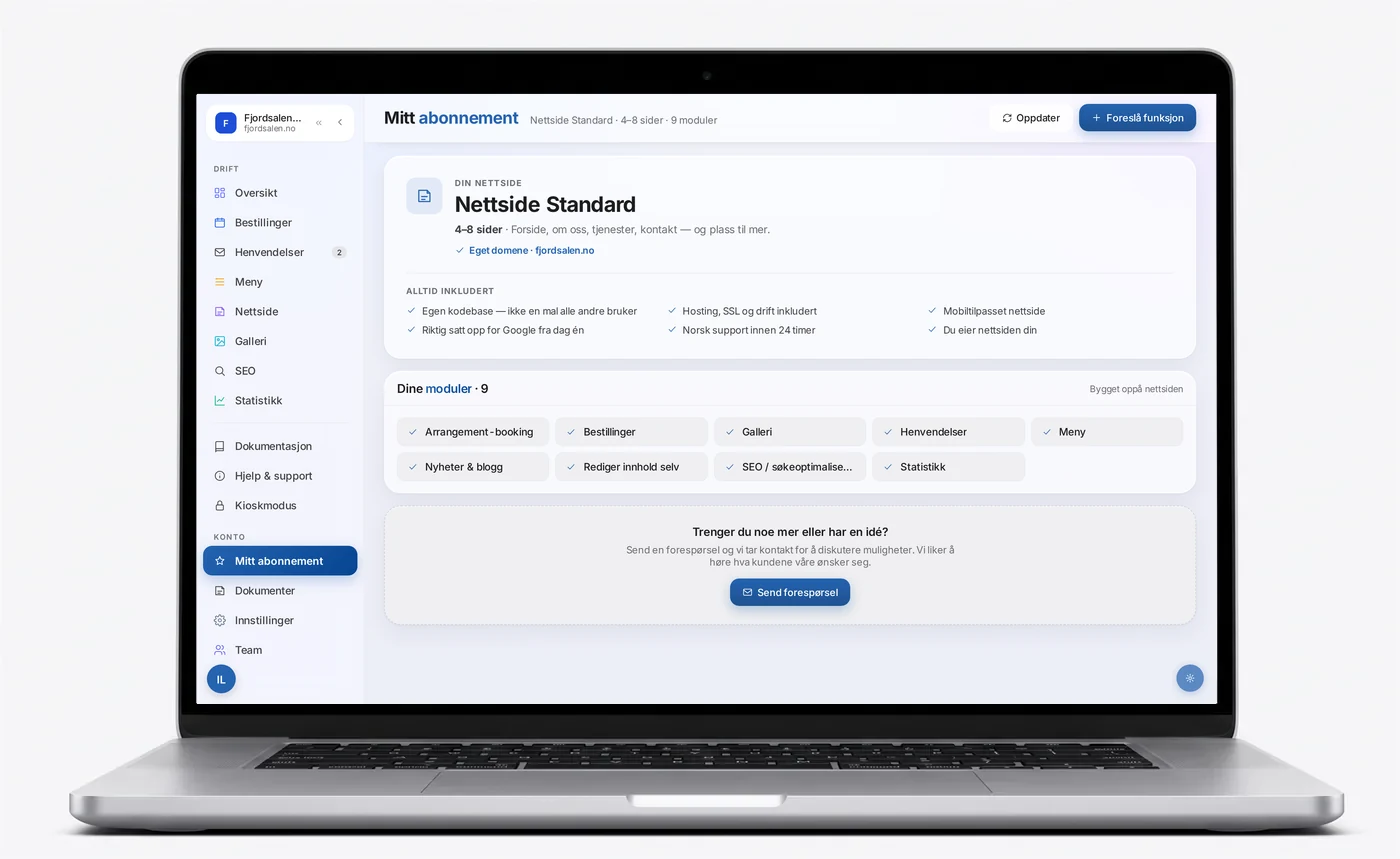 Nettsiden til en kunde i Syntriq-portalen: nettsidetype, eget domene og hva som er inkludert, vist på en laptop