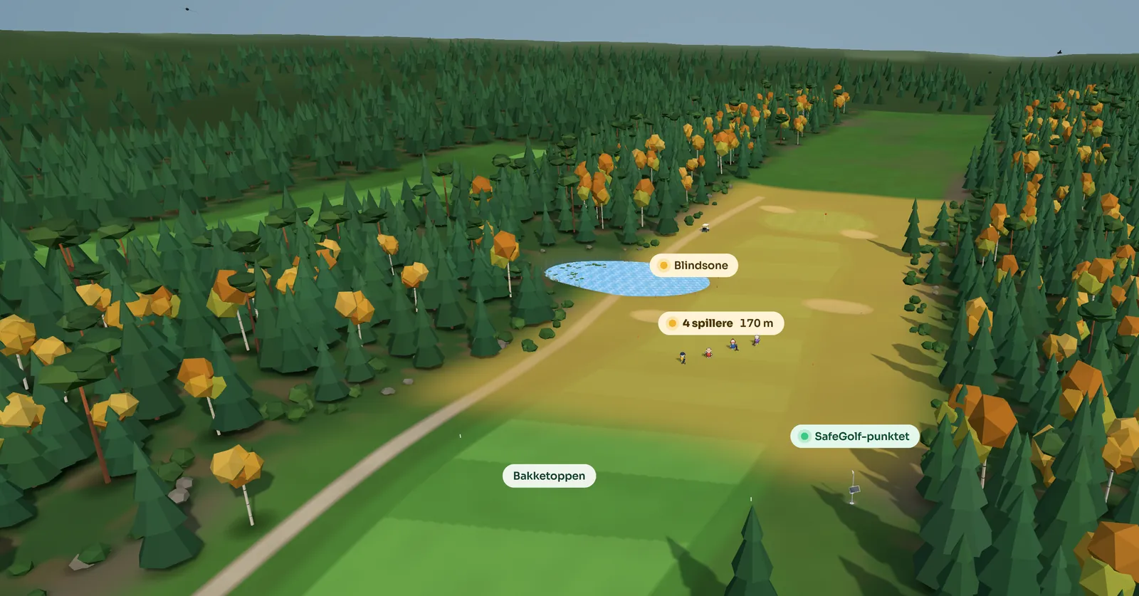 3D-modell av et blindt par 4 med bakketoppen, blindsonen og SafeGolf-punktet i skogkanten