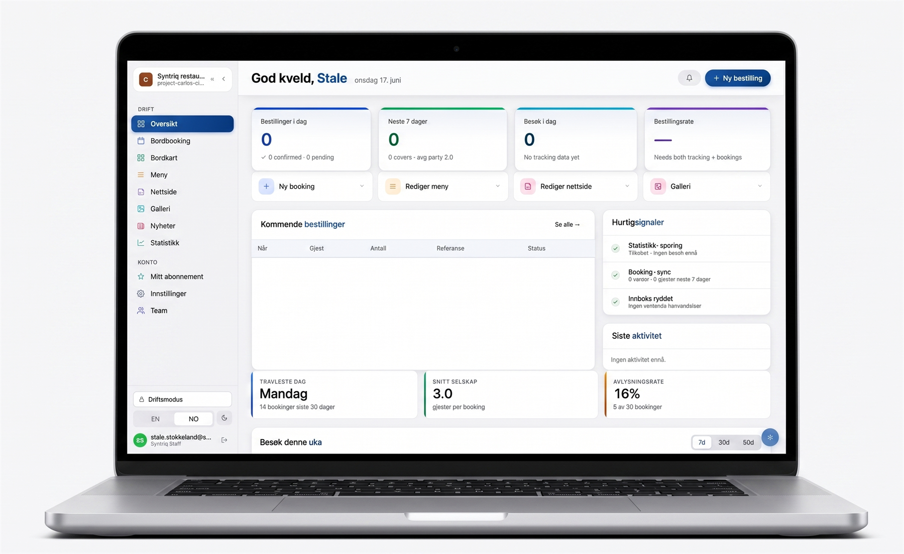 Syntriq-portalen for restaurant vist på en laptop